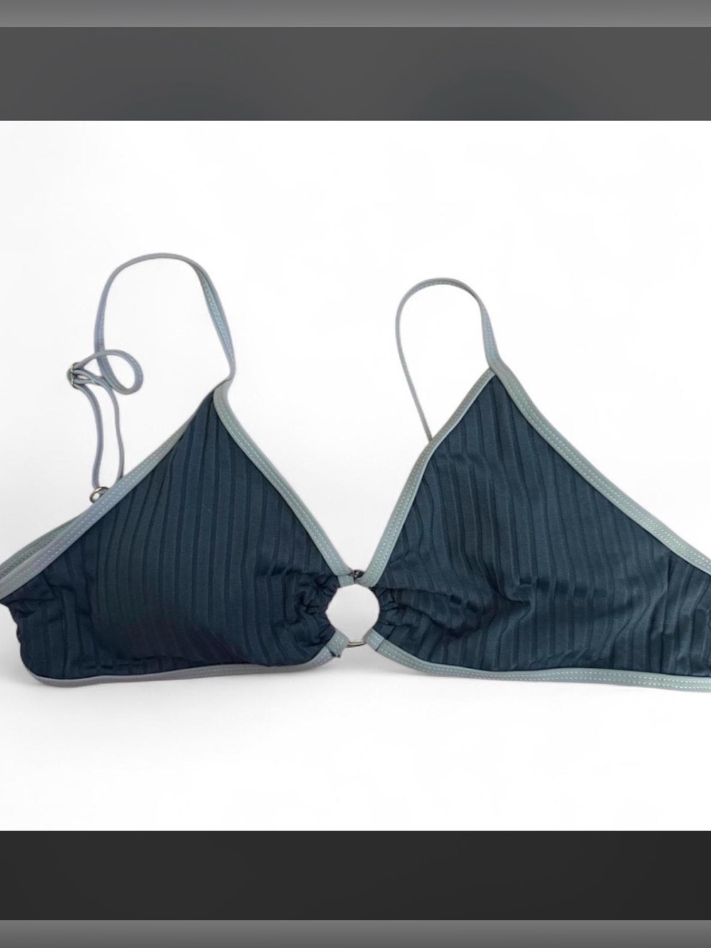 SHEIN Navy Ribbed Triangle Bikini Top with Light Blue Trim